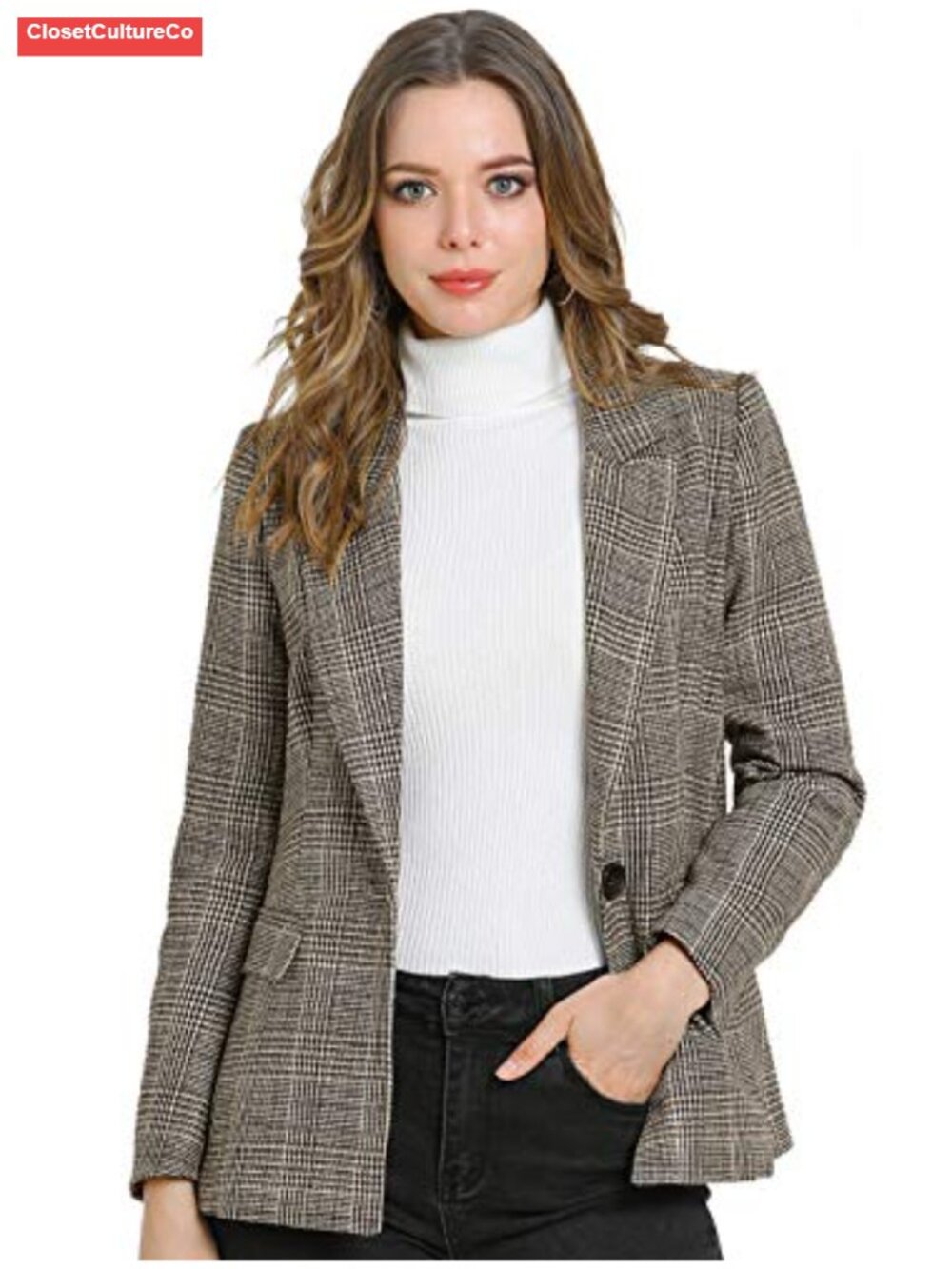 Houndstooth Plaid Button Work Blazer Suit Jacket Business Casual